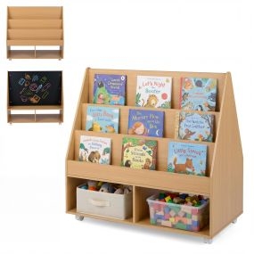 Estantería Infantil Móvil con Pizarra 3 Estantes y 2 Compartimentos Abiertos Almacenamiento para Dormitorio Guardería 90x455x87cm Natural