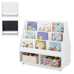 Estantería infantil móvil con pizarra, 3 estantes y 2 compartimentos abiertos, 90x45,5x87 cm, blanco
