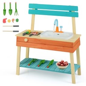 Cocina de Juguete de Barro para Niños con Parrilla Perilla Giratoria Grifo y Accesorios de Jardinería para 3 a 8 Años Azul