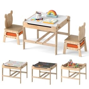 Juego de Mesa y Sillas Infantil 4 en 1 Panda con Pizarra Blanca Reversible y de Tiza 2 Cajones de Almacenamiento Mueble de Madera