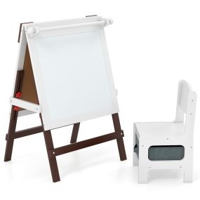 Caballete Infantil Reversible con Silla Caballete de Pintura Ajustable con Pizarra de Tiza Pizarra Blanca Porta Papel Barras Marrón