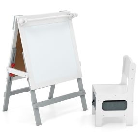 Caballete Infantil Reversible con Silla Caballete de Pintura Ajustable con Pizarra de Tiza Pizarra Blanca Porta Papel Barras Gris