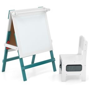Caballete Infantil Reversible con Silla Caballete de Pintura Ajustable con Pizarra de Tiza Pizarra Blanca Porta Papel Barras Verde