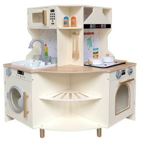 Cocina de Juguete para Niños Juego de Cocina Esquinera de Madera con Grifo y Fregadero Funcionales Microondas y Lavavajillas Juego Beige