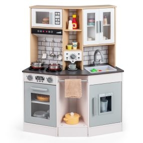Cocina de Juguete para Niños Juego de Cocina de Madera con Sonido y Luz Estufa Fregadero Campana Extractora Accesorios de Cocina Gris