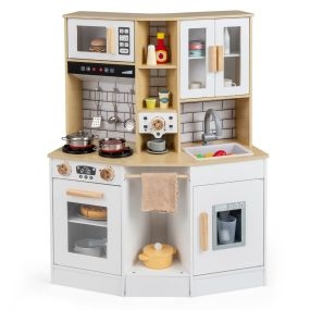 Cocina de Juguete para Niños Juego de Cocina de Madera con Sonido y Luz Estufa Fregadero Campana Extractora Accesorios de Cocina Blanco