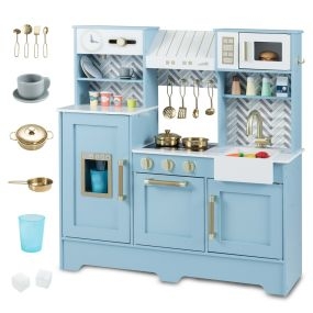 Cocina de Juguete para Niños Juego de Cocina Infantil con Estufas Grifo Fregadero Reloj Cafetera Campana Extractora Horno Microondas Azul