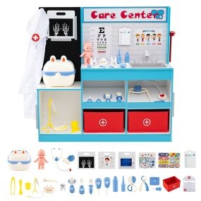 Juego de Oficina del Doctor Juguetes de Centro Médico de Madera con Zona de Examen Película de Rayos X Monitor ECG Tabla Optométrica Azul