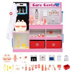 Juego de Oficina del Doctor Juguetes de Centro Médico de Madera con Zona de Examen Película de Rayos X Monitor ECG Tabla Optométrica Rosa