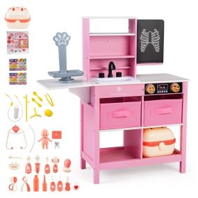 Centro Médico de Juguete de Madera para Niños con Pizarra Báscula para Mascotas Grifo y Múltiples Accesorios Rosa