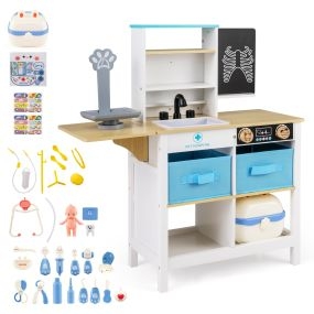 Centro Médico de Juguete de Madera para Niños con Pizarra Báscula para Mascotas Grifo y Múltiples Accesorios Blanco