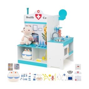 Juego de Doctor de Madera para Niños Centro Médico Juguete con 27 Accesorios ECG Monitor Grifo para 3 a 6 Años Azul y Blanco