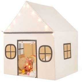 Tienda Campaña Infantil con Cortina de Puerta y Ventanas Luces de Estrella Alfombra Acolchada Antideslizante Bolsillo Latera Beige