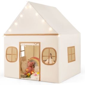 Tienda Campaña Infantil con Cortina de Puerta y Ventanas Luces de Estrella Alfombra Acolchada Antideslizante Bolsillo Latera Beige y Café