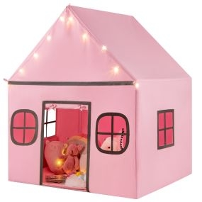 Tienda Campaña Infantil con Cortina de Puerta y Ventanas Luces de Estrella Alfombra Acolchada Antideslizante Bolsillo Latera Rosa