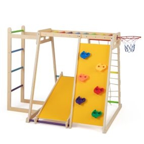 Parque Infantil Interior para Niños Gimnasio Jungla 6 en 1 con Tobogán Escalada Aro de Baloncesto Barras de Mono Red de Cuerda Multicolor