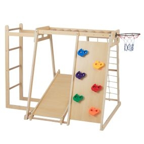 Parque Infantil Interior para Niños Gimnasio Jungla 6 en 1 con Tobogán Escalada Aro de Baloncesto Barras de Mono Red de Cuerda Natural
