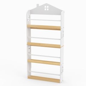 Estantería Infantil Casa 4 Niveles Con Barreras Anticaídas Y Barra Metálica Blanco y Natural