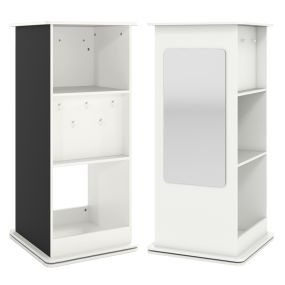 Estantería Giratoria Infantil Librería de Esquina Giratoria con Pizarra Espejo Ganchos y Compartimentos Abiertos Torre Organizadora Blanco