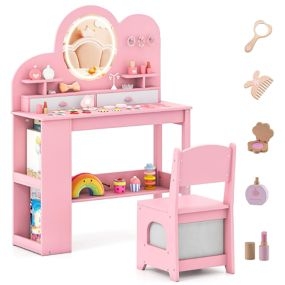 Tocador Infantil con Luces Set de Tocador y Silla de Princesa con 2 Cajones y Estantería de 2 Niveles 3 Ganchos y 2 Estantes Abiertos Rosa