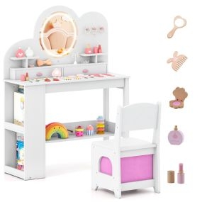 Tocador Infantil con Luces Set de Tocador y Silla de Princesa con 2 Cajones y Estantería de 2 Niveles 3 Ganchos y 2 Estantes Abiertos Blanco