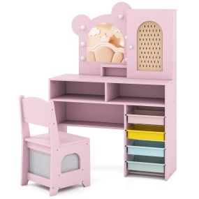 Tocador para Niñas con Silla Diseño de Orejas de Oso Espejo con Luces LED Tres Tonos Gran Almacenamiento Incluye Juguetes para +3 Años Rosa