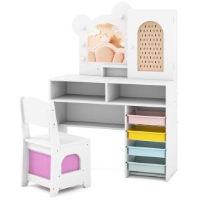 Tocador Infantil con Luces Set de Tocador y Silla Princesa con 5 Cajones y 2 Compartimentos Armario de una Puerta Estante Abierto Blanco