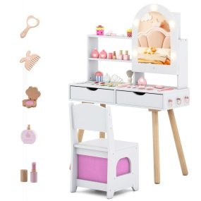 Tocador para Niños Mesa con 3 Modos de Iluminación de Colores Brillo Ajustable Gabinete con Espejo Estantes Abiertos y Cajones Blanco