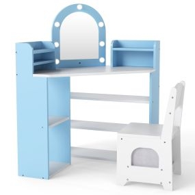 Tocador Infantil Esquinero con Luces Tocador y Silla Princesa con 3 Estantes de Almacenamiento 5 Compartimentos Abiertos Accesorios Blanco