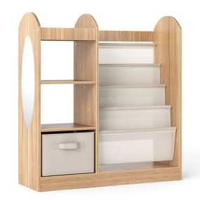 Estantería para Niños con Espejo de Cuerpo Entero Organizador de Juguetes con Cajón y Estantes de Tela de 4 Niveles Librería Natural