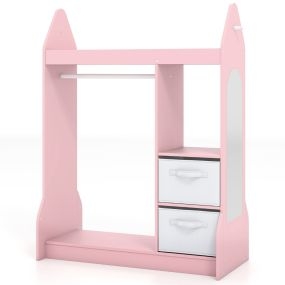 Armario para Juegos Infantiles Centro de Disfraces para Niños con Espejo Acrílico Percha para Ropa Estantes Abiertos Cajas Plegables Rosa