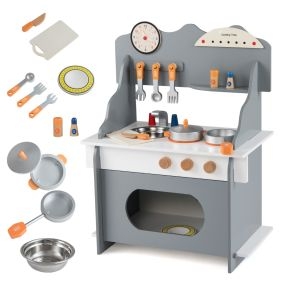 Cocina de Juguete de Madera para Niños con Reloj Estufa Estante Especias Grifo Fregadero Horno para 3+ Años Gris