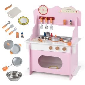 Cocina de Juguete de Madera para Niños con Reloj Estufa Estante Especias Grifo Fregadero Horno para 3+ Años Rosa