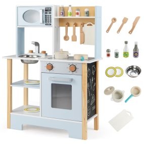 Cocina de Juguete para Niños Juego de Cocina de Madera con Pizarra Microondas Estufa Escurridor Grifo y Fregadero para 3+ Años Azul