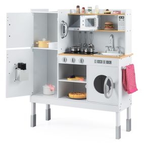 Juguete de Cocina de Madera para Niños de 3+ Años con Campana Extractora Máquina de Hielo Teléfono 16 Accesorios Sonidos Luces Reales Rosa Natural