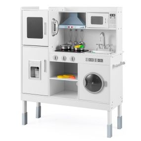 Juguete de Cocina de Madera para Niños de 3+ Años con Campana Extractora Máquina de Hielo Teléfono 16 Accesorios Sonidos Luces Reales Rosa Blanco