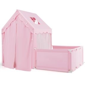 Tienda de campaña infantil 2 en 1 con corral y patio, luces de estrellas, rosa