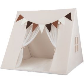 Casa de Juegos Infantil con Alfombra Lavable y Banderas Coloridas para Rincón de Lectura Niños Niñas 3+ Años 120x120x105cm Beige