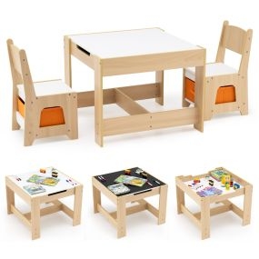 Juego Mesa 2 Sillas Infantil con Tablero Doble Cara Cajones Tela y Estructura Madera para Dibujar Leer o Jugar Natural