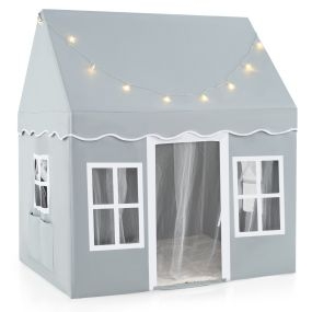 Tienda de Juego para Niños con Luces de Estrella LED y Tapete Antideslizante con 2 Ventanas para 3+ Años 134 x 118 x 100,5 cm Gris