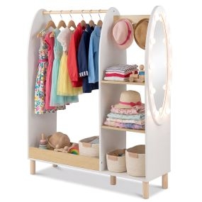 Armario Infantil con Espejo y Luces Estantes Ganchos Abierto Organizador para Dormitorio Habitación Sala de Juegos Blanco