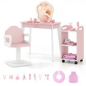 Tocador Infantil con Espejo LED de Madera con Silla Giratoria Carrito de Almacenamiento y Accesorios para Niños 3-7 Años Rosa