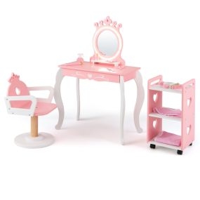 Juego de tocador infantil con espejo LED 3 tonos, silla y carrito auxiliar, rosa y blanco