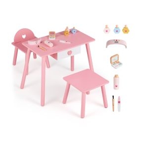 Juego de mesa infantil de manicura 2 en 1 con cajón y almacenamiento seguro rosa y blanco 60 x 34 x 49 cm