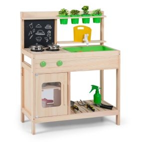 Cocina de Barro Infantil de Madera con Pizarra Fogones Grifo Fregadero y Accesorios para Niños de 3+ Años para Jardín y Balcón Natural