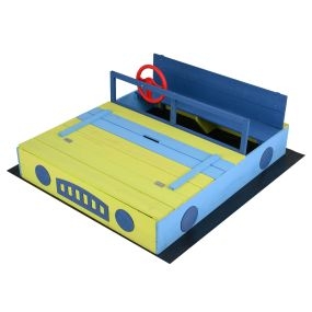 Arenero infantil de madera temático coche azul con tapa convertible bancos forro y volante para 18+ meses