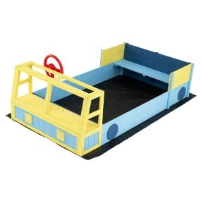 Arenero infantil de madera de abeto con forma de coche, asiento, base abierta y forro inferior, azul