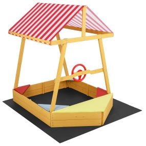 Arenero infantil de madera de abeto en forma de barco con toldo, volante giratorio y 4 asientos, 135x103x140 cm, amarillo