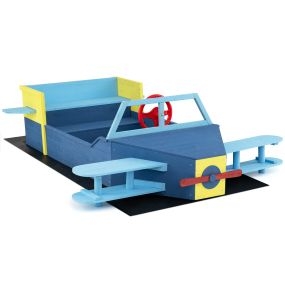 Arenero infantil de madera de abeto con banco, base abierta y forro inferior, azul