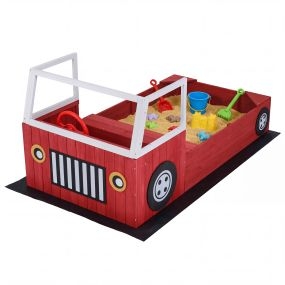 Arenero infantil de madera de abeto en forma de barco con toldo de poliéster, 4 asientos, 135x103x140 cm, rojo